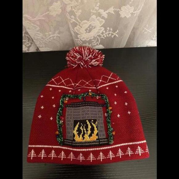Festive Fireplace Knit Beanie with Pom Pom - Picture 1 of 1